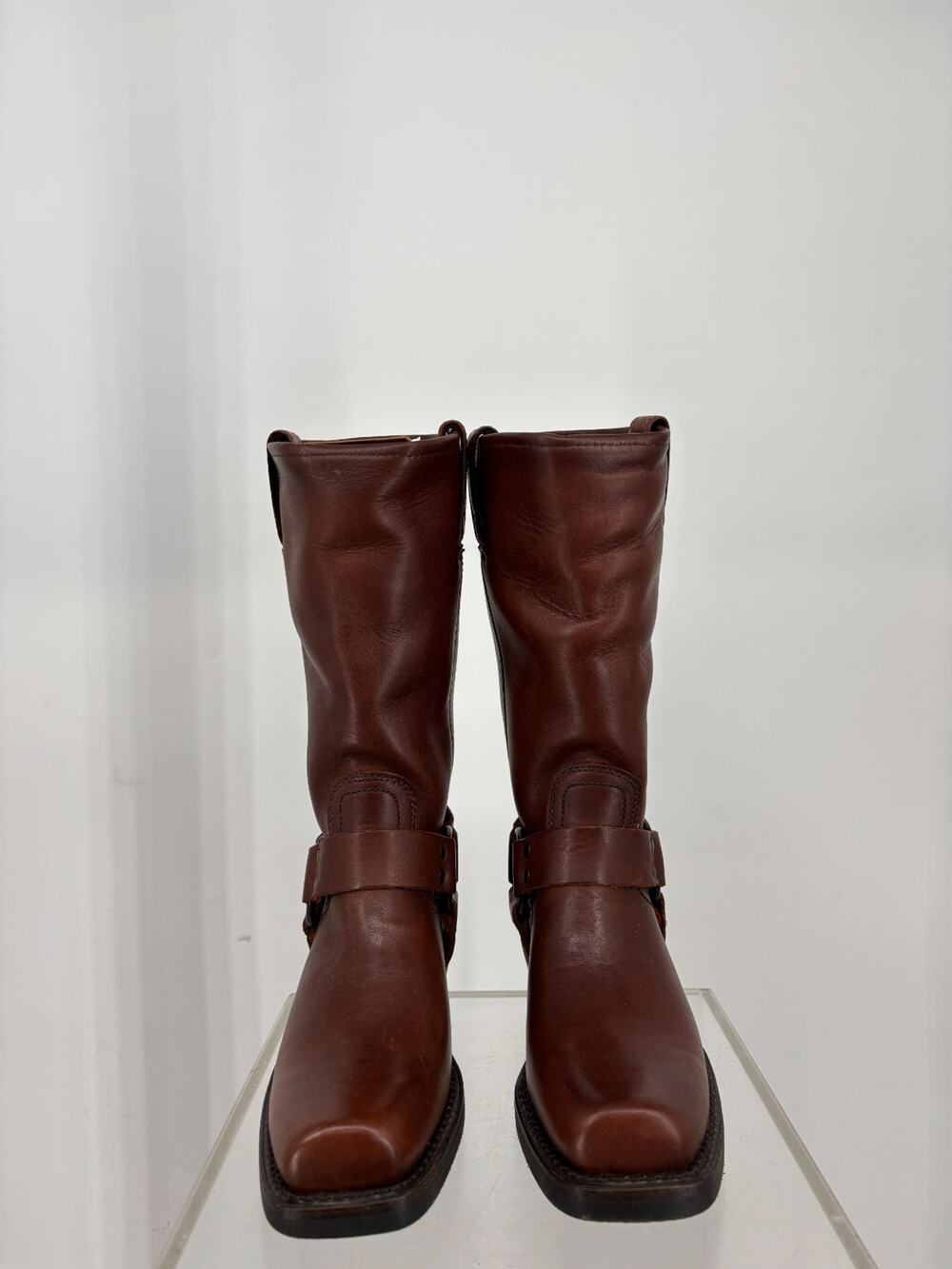 FRYE Harness 12R Boots Womens 6.5 Cognac Leather Square Toe Classic NWOB